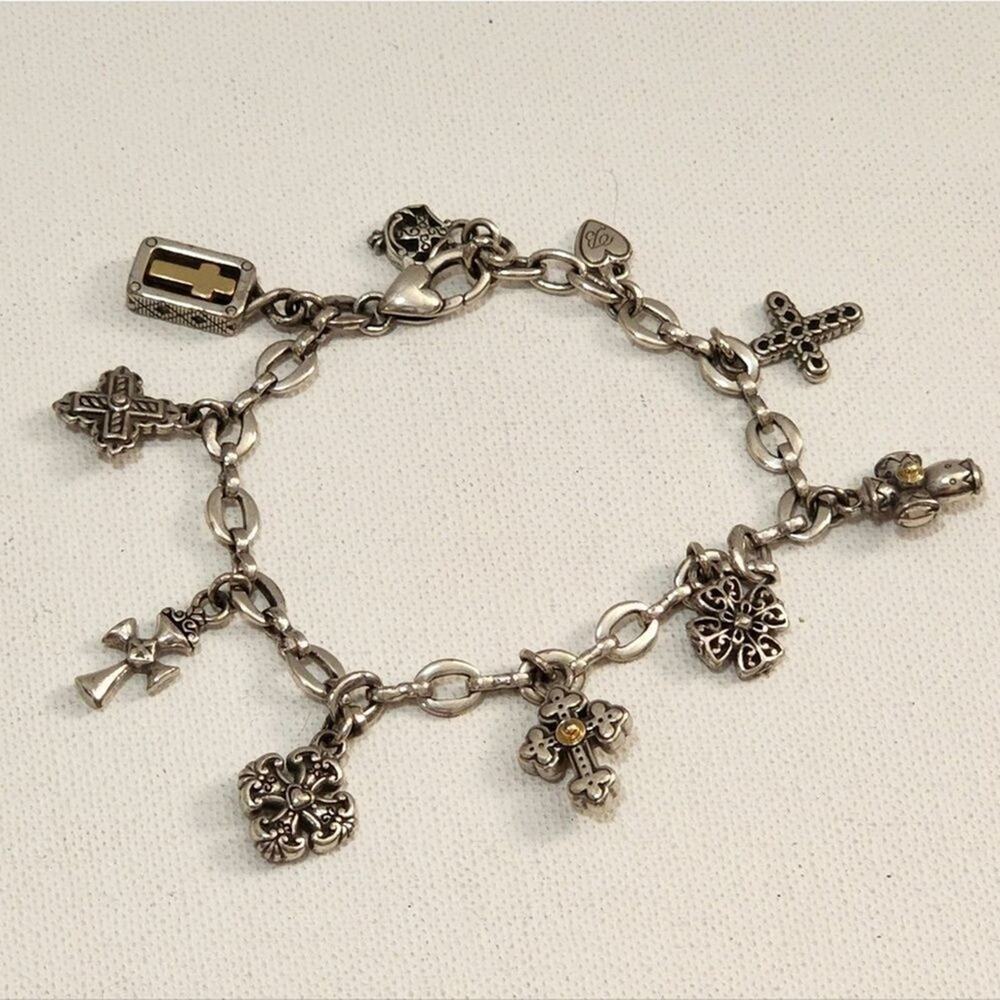 Brighton Vintage Charm Bracelet Silver Pl Crosses Heart Dangle Christian Jewelry
